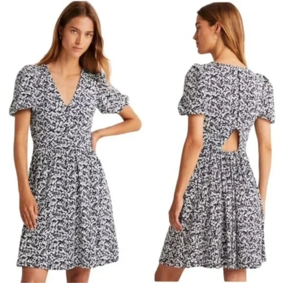 BODEN Back Detail Jersey Puff Sleeve Mini Dress Navy White Floral V-Neck NWT 4 - Picture 1 of 3